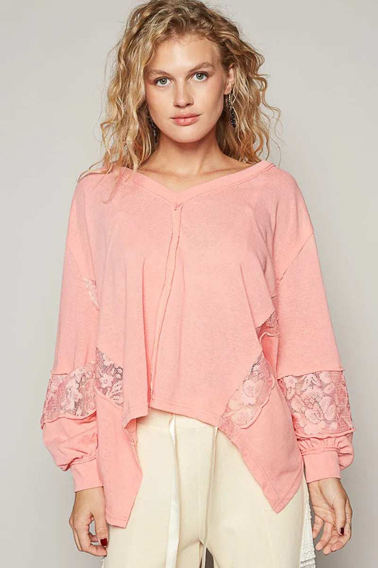 POL V-Neck Long Sleeve T-Shirt with Lace Detail - Trendsi - Flyclothing LLC