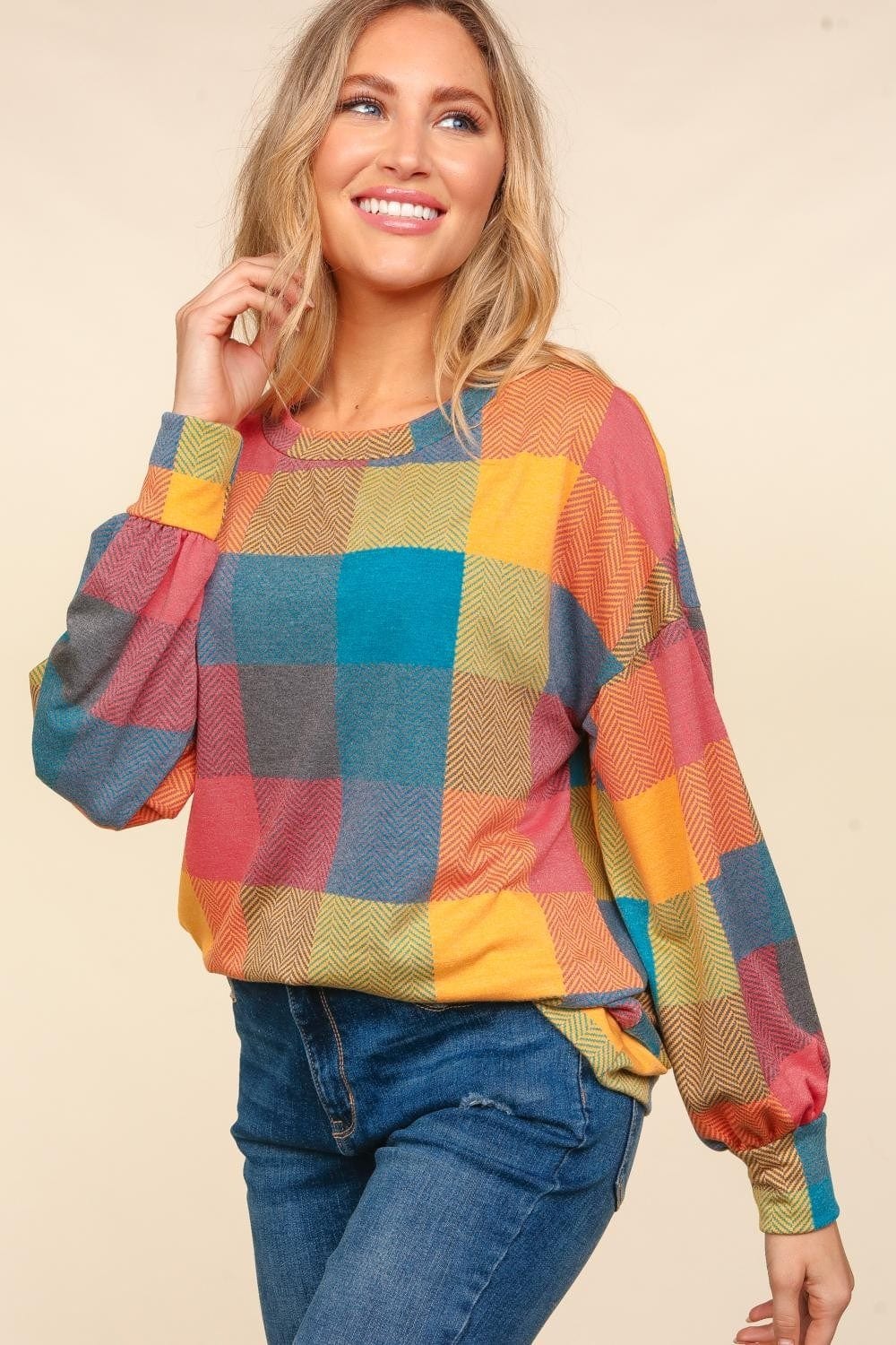 Haptics Round Neck Color Block Plaid Top - Trendsi