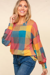Haptics Round Neck Color Block Plaid Top - Trendsi