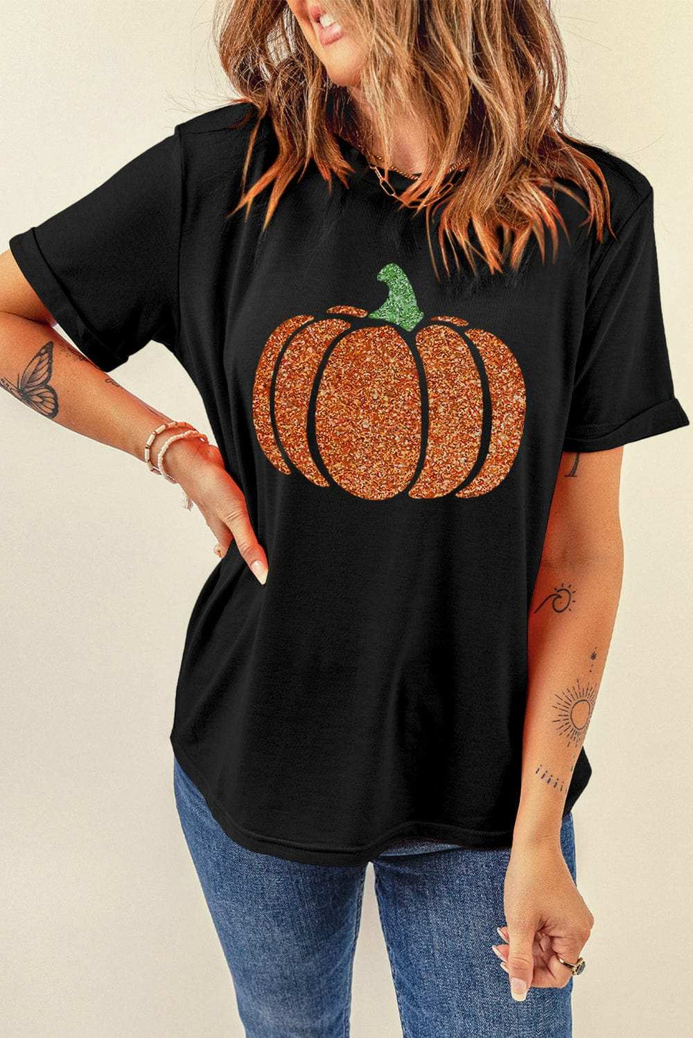 Glitter Pumpkin Round Neck Short Sleeve T-Shirt - Trendsi - Flyclothing LLC