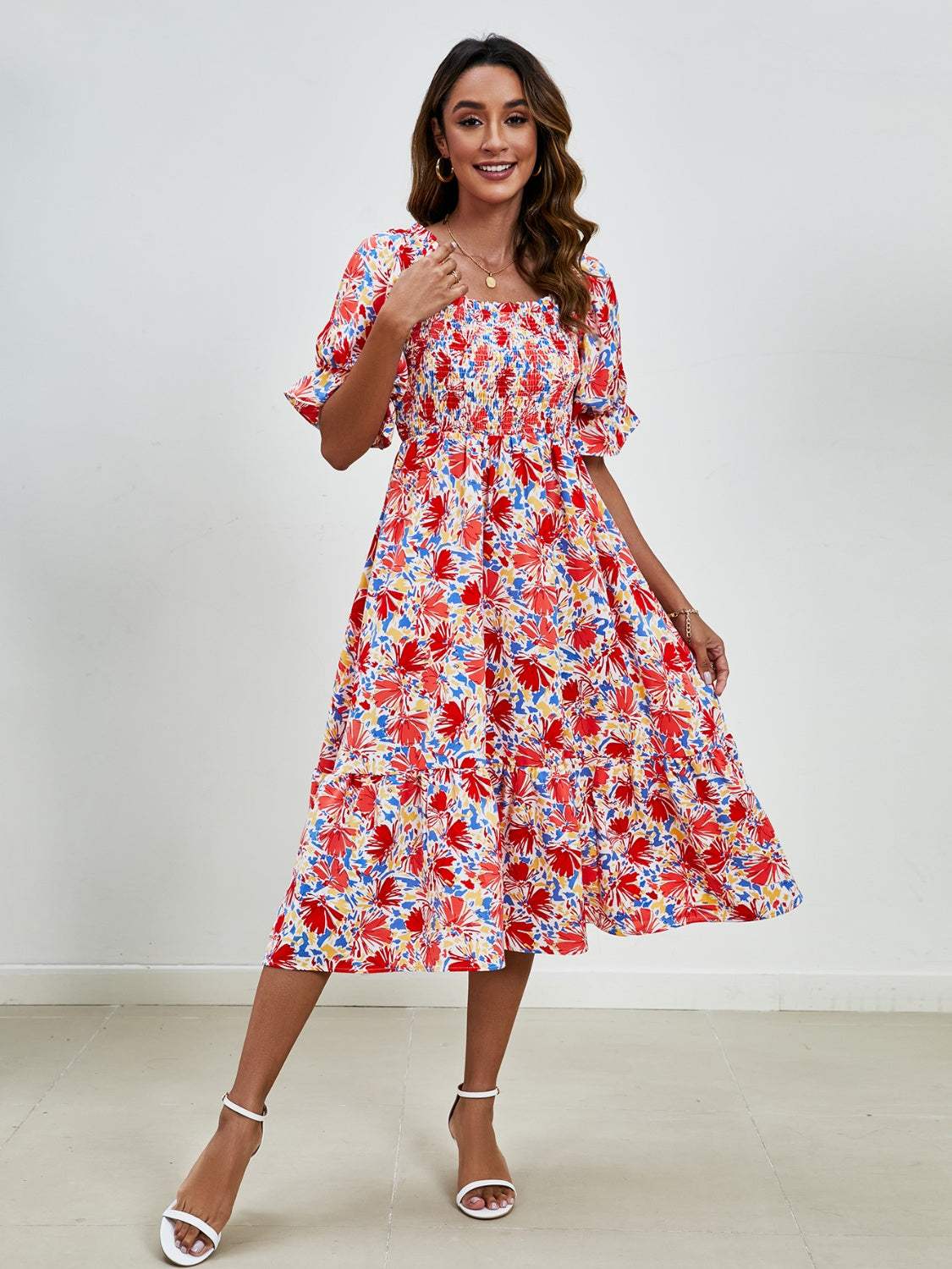 Smocked Floral Square Neck Short Sleeve Dress - Trendsi - Flyclothing LLC