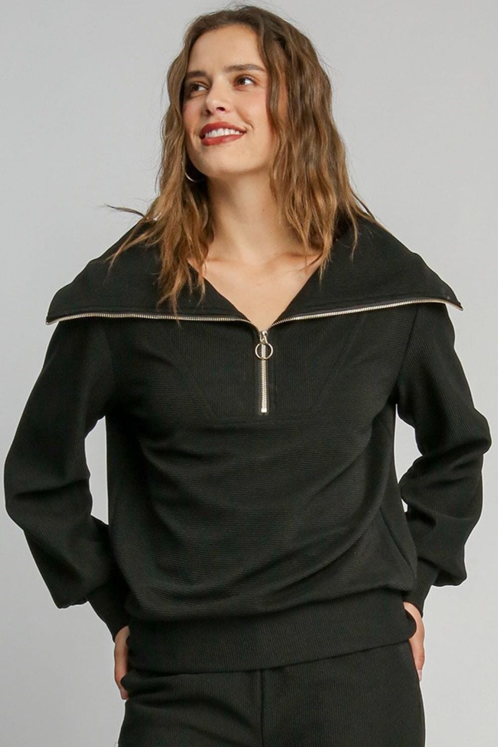 Umgee Full Size Ribbed Knit Half Zipper Sweatshirt Plus Size - Trendsi