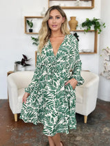 Double Take Full Size Printed Ruched Balloon Sleeve Dress - Trendsi - Flyclothing LLC