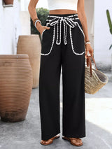 Crochet Trim Tie Waist Wide Leg Pants - Trendsi - Flyclothing LLC