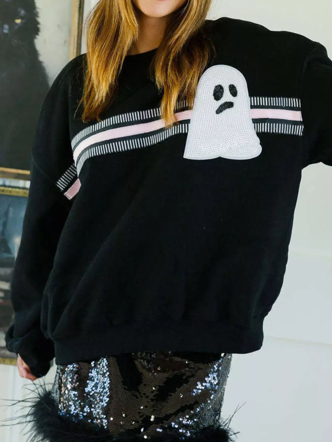 Halloween Sequin Round Neck Sweatshirt - Trendsi - Flyclothing LLC