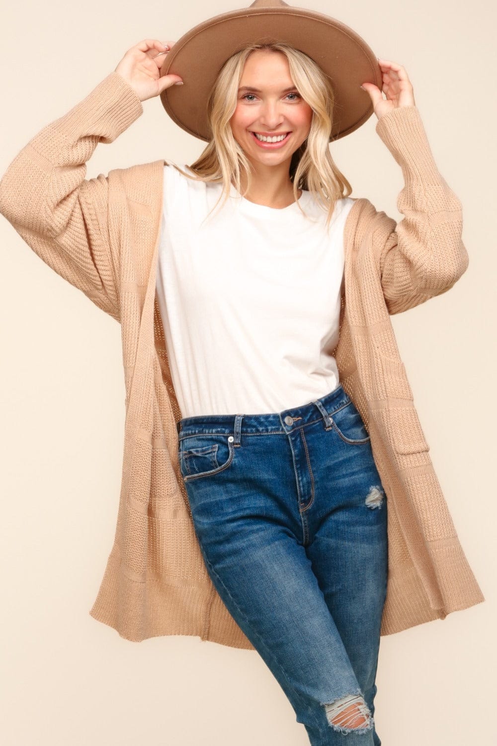 Haptics Stripe Textured Open Front Cardigan with Pockets - Trendsi