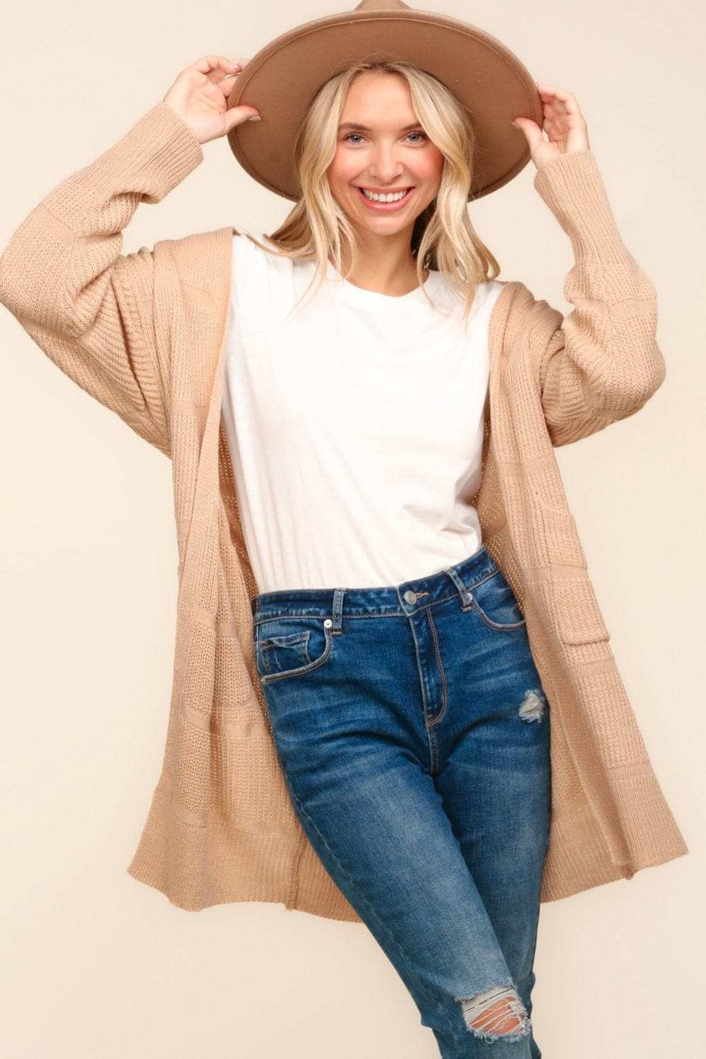 Haptics Stripe Textured Open Front Cardigan with Pockets - Trendsi - Flyclothing LLC