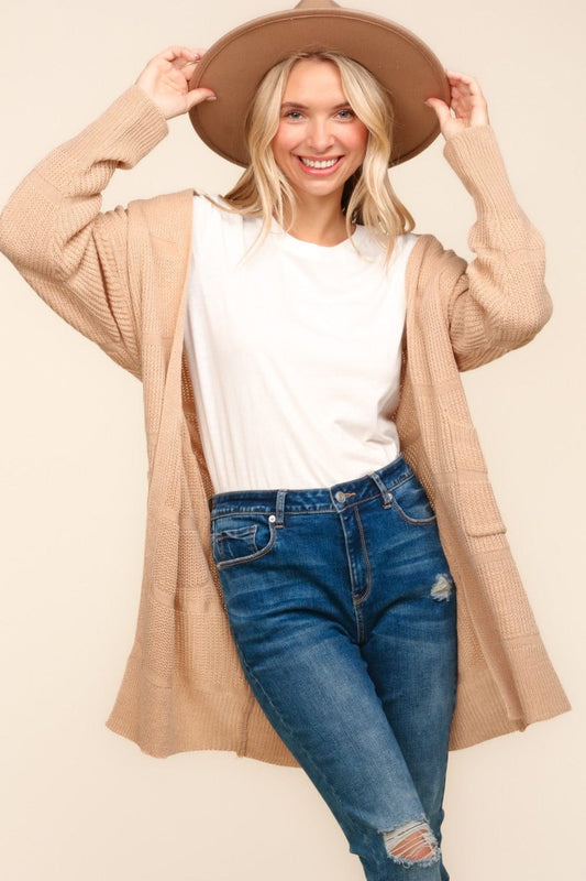 Haptics Stripe Textured Open Front Cardigan with Pockets - Trendsi