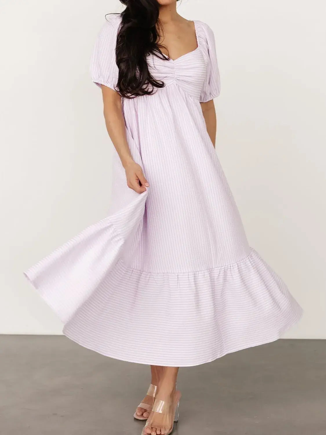 Striped Sweetheart Neck Puff Sleeve Midi Dress - Trendsi - Flyclothing LLC