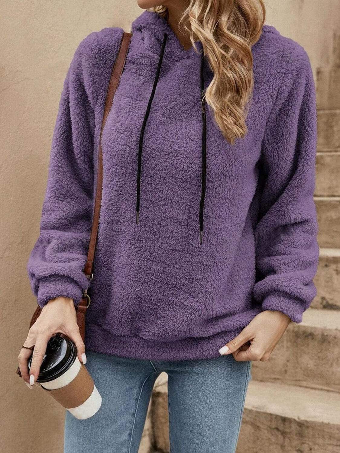Drawstring Long Sleeve Fuzzy Hoodie - Trendsi - Flyclothing LLC