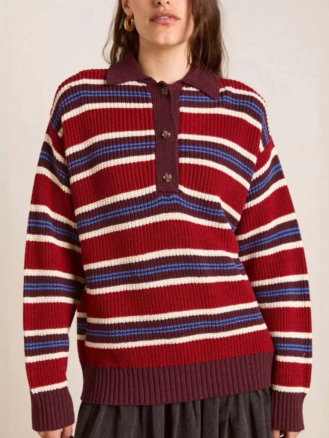 Striped Button Detail Polo Collar Sweater - Trendsi - Flyclothing LLC