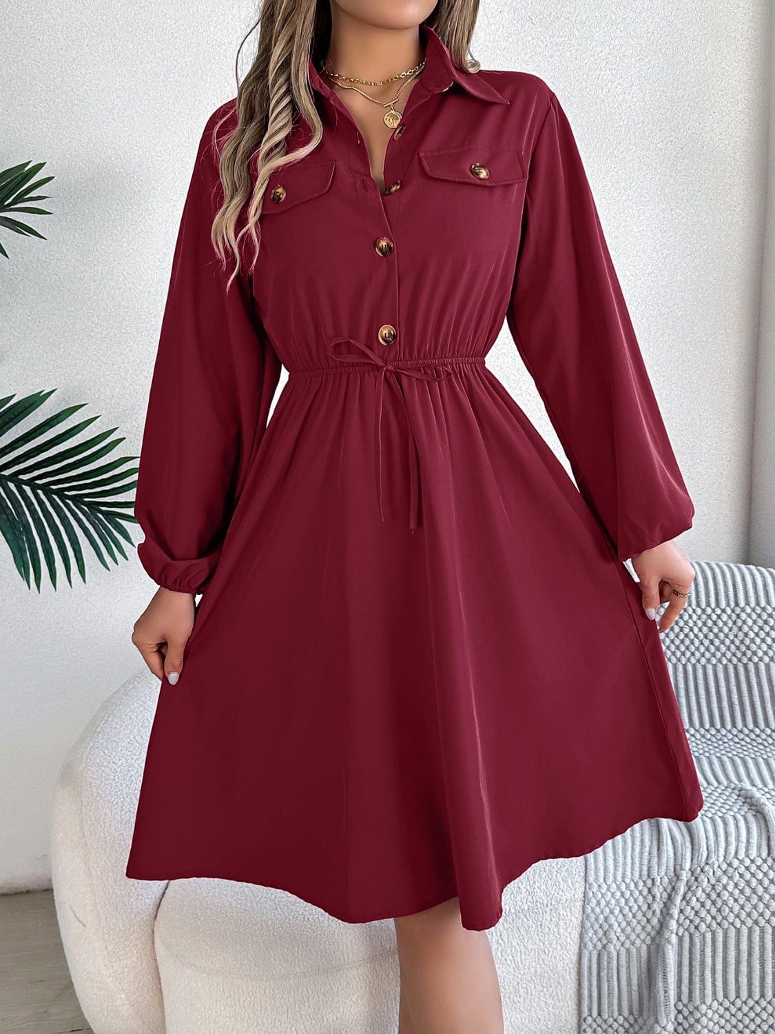 Collared Neck Long Sleeve Dress with Pockets - Trendsi