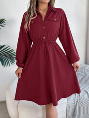 Collared Neck Long Sleeve Dress with Pockets - Trendsi