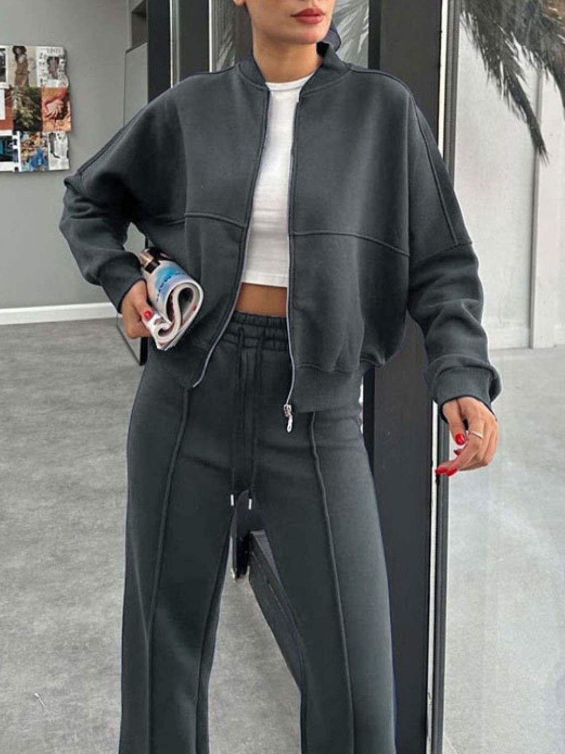 Baseball Collar Zip Up Outerwear and Drawstring Pants Set - Trendsi - Flyclothing LLC