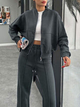 Baseball Collar Zip Up Outerwear and Drawstring Pants Set - Trendsi - Flyclothing LLC