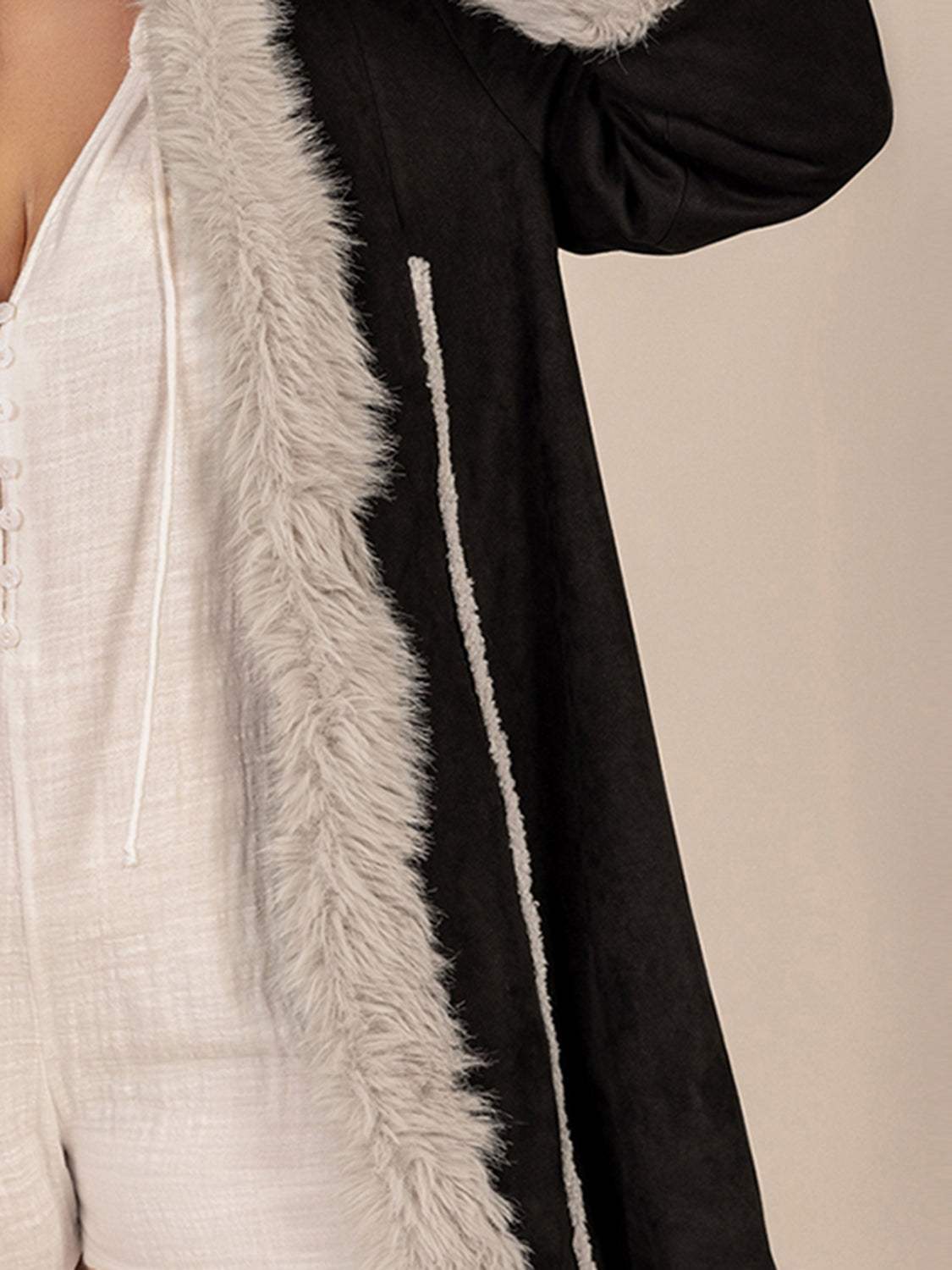 Plus Size Fuzzy Trim Open Front Long Sleeve Hooded Coat - Trendsi - Flyclothing LLC