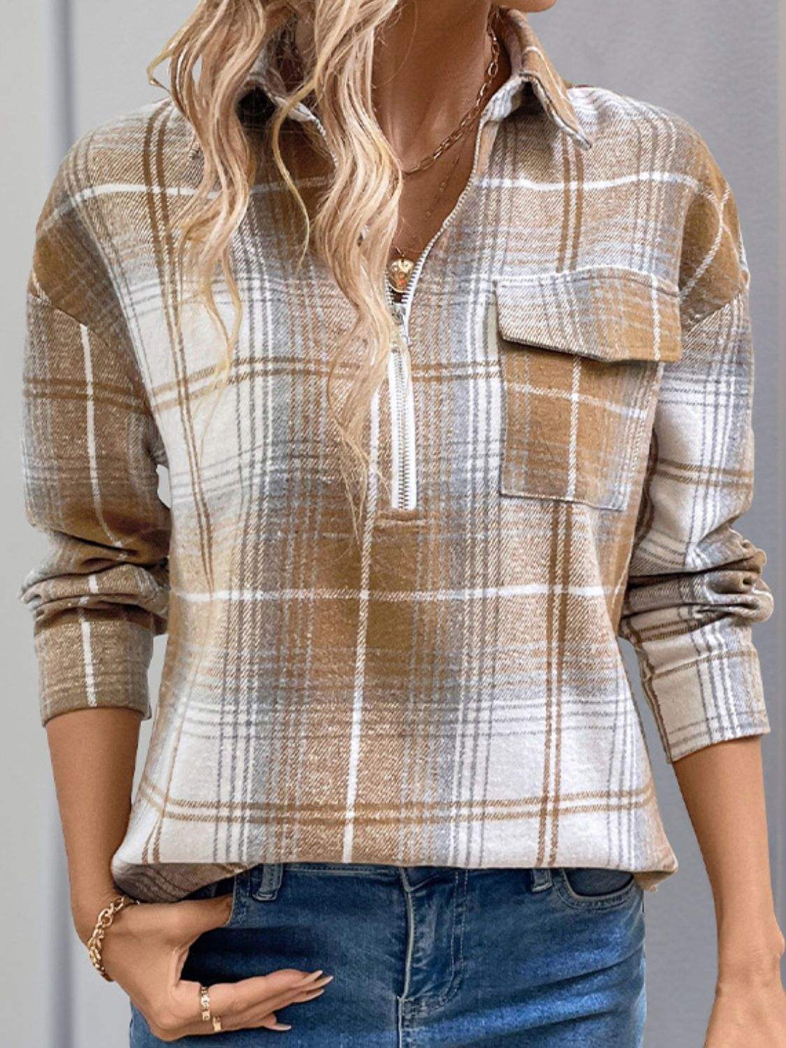 Perfee Plaid Collared Neck Half Zip Long Sleeve Top - Trendsi - Flyclothing LLC