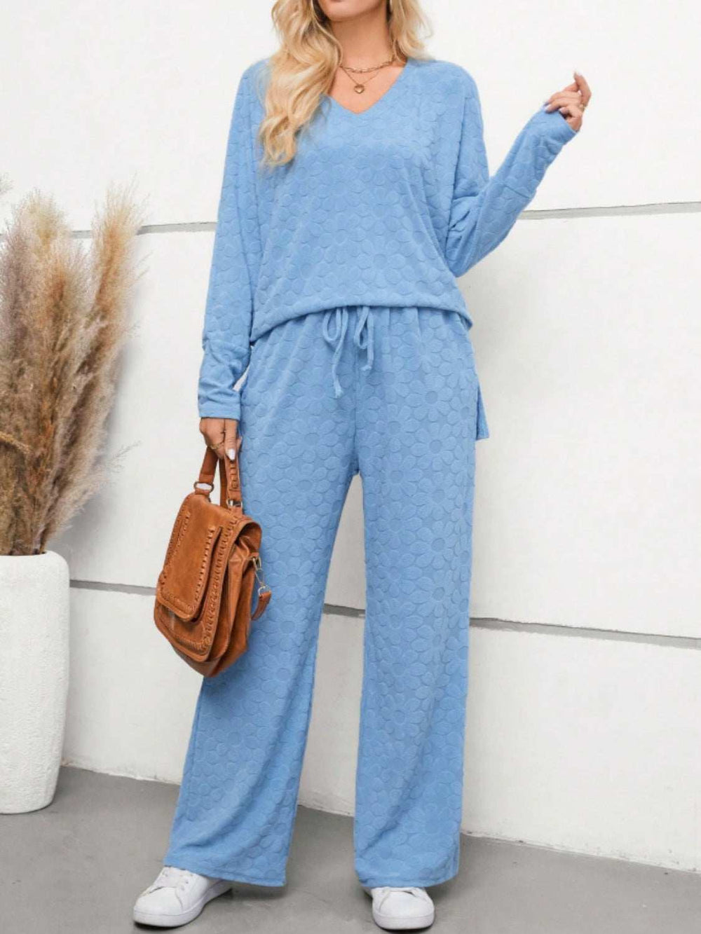 Flower V-Neck Long Sleeve Top and Pants Set - Trendsi - Flyclothing LLC