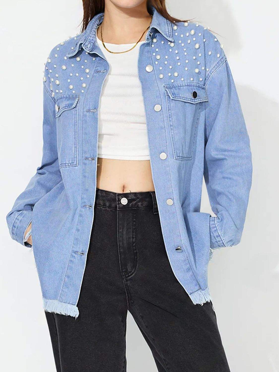 Raw Hem Pearl Trim Collared Neck Denim Top - Trendsi - Flyclothing LLC
