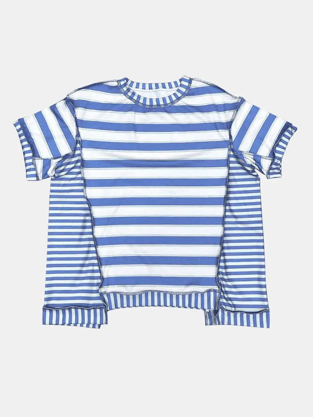 Full Size Contrast Stitching Striped Round Neck T-Shirt - Trendsi - Flyclothing LLC