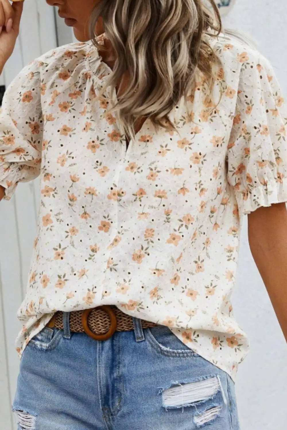 Frill Printed Notched Short Sleeve Blouse - Trendsi - Flyclothing LLC