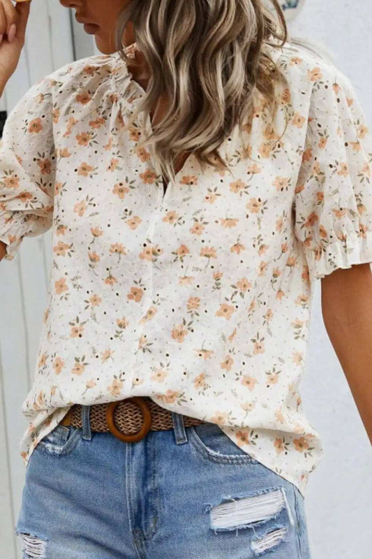 Frill Printed Notched Short Sleeve Blouse - Trendsi - Flyclothing LLC