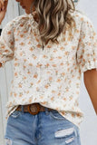 Frill Printed Notched Short Sleeve Blouse - Trendsi