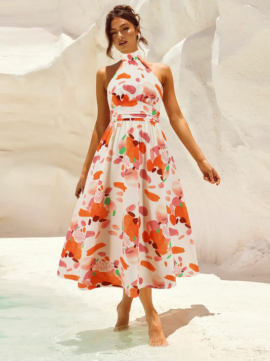 Ruched Printed Halter Neck Sleeveless Dress - Trendsi