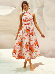 Ruched Printed Halter Neck Sleeveless Dress - Trendsi