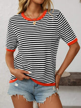 Mandy Striped Round Neck Half Sleeve Knit Top - Trendsi - Flyclothing LLC