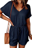 Full Size Drawstring V-Neck Short Sleeve Romper - Trendsi - Flyclothing LLC