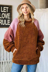 Culture Code Color Block Faux Fur Raglan Sleeve Sweatshirt - Trendsi - Flyclothing LLC