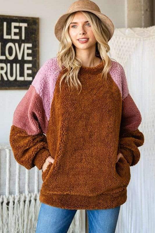 Culture Code Color Block Faux Fur Raglan Sleeve Sweatshirt - Trendsi - Flyclothing LLC