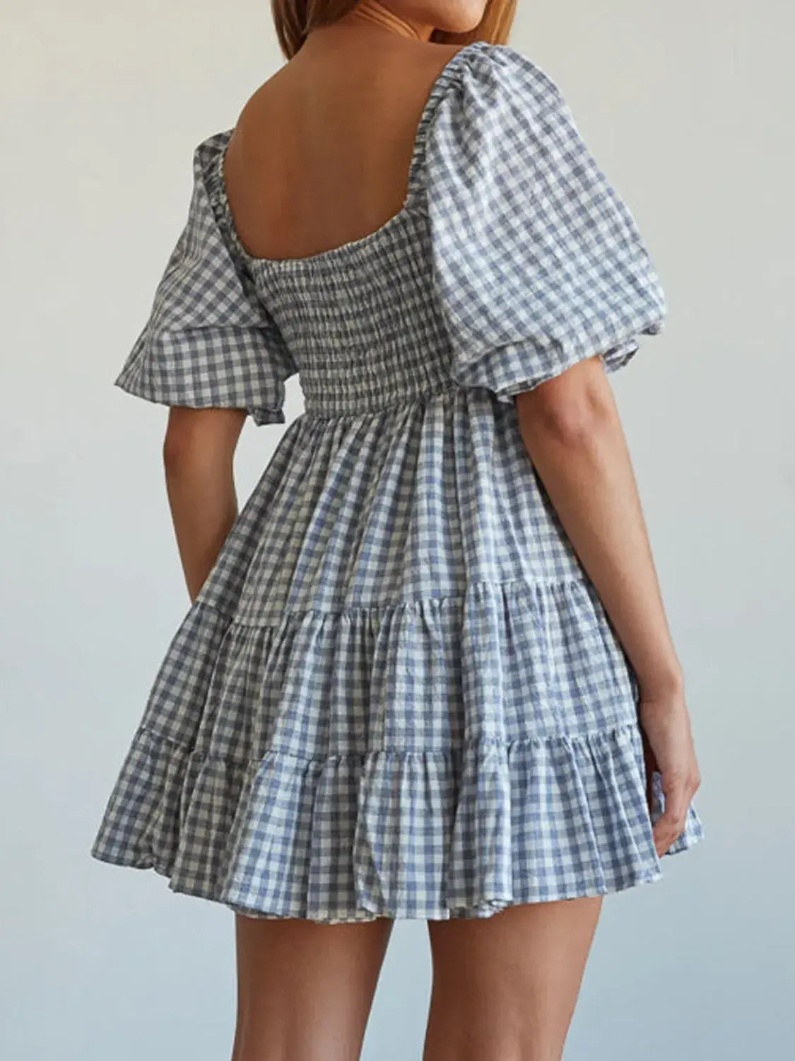 Ruffled Hem Plaid Half Sleeve Mini Dress - Trendsi - Flyclothing LLC