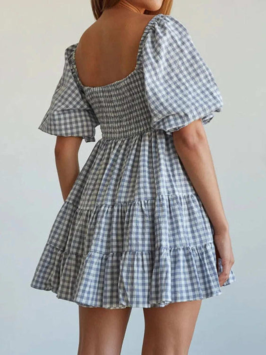 Ruffled Hem Plaid Half Sleeve Mini Dress - Trendsi - Flyclothing LLC