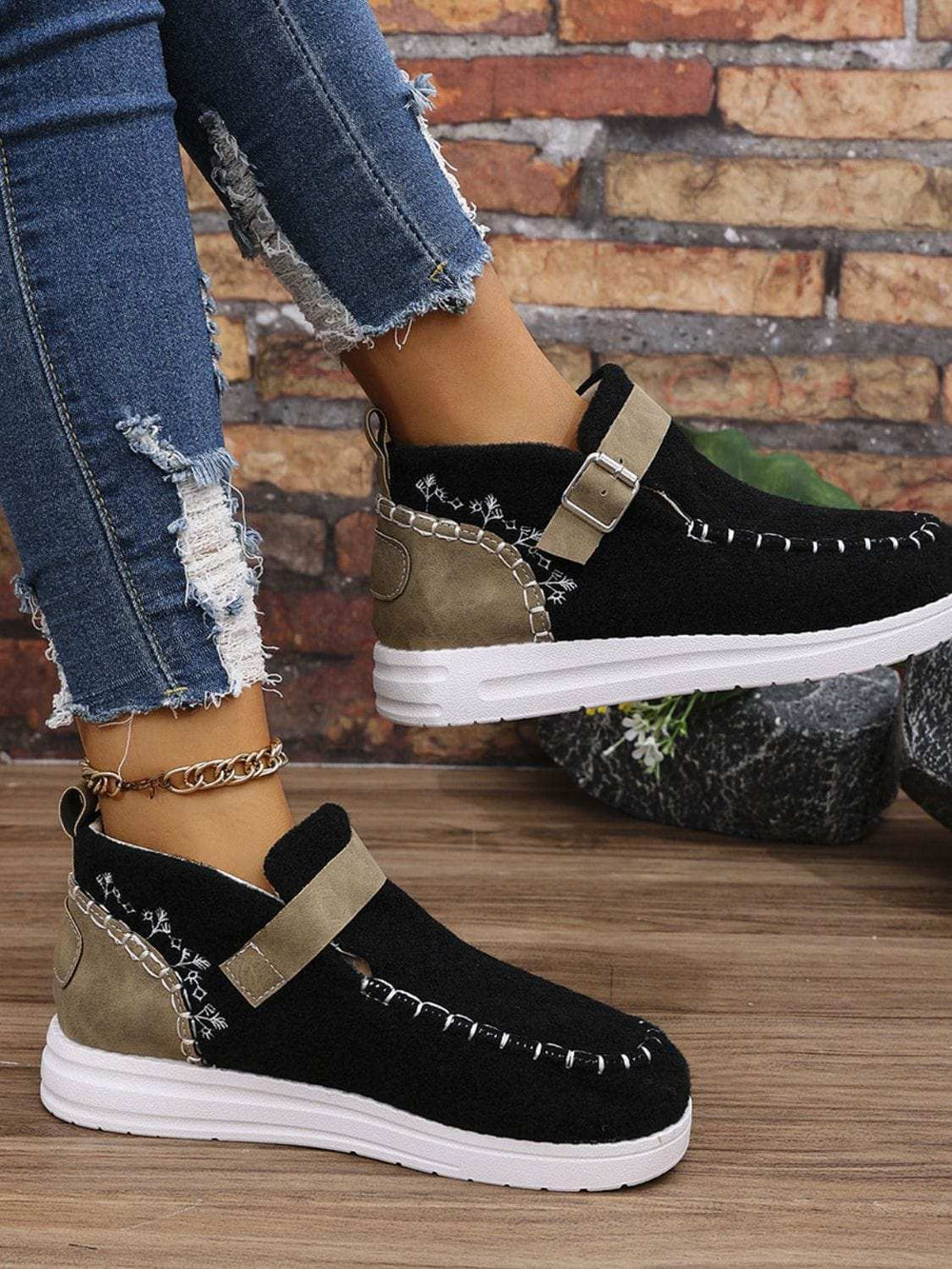 Contrast Round Toe Buckle Sneakers - Trendsi - Flyclothing LLC