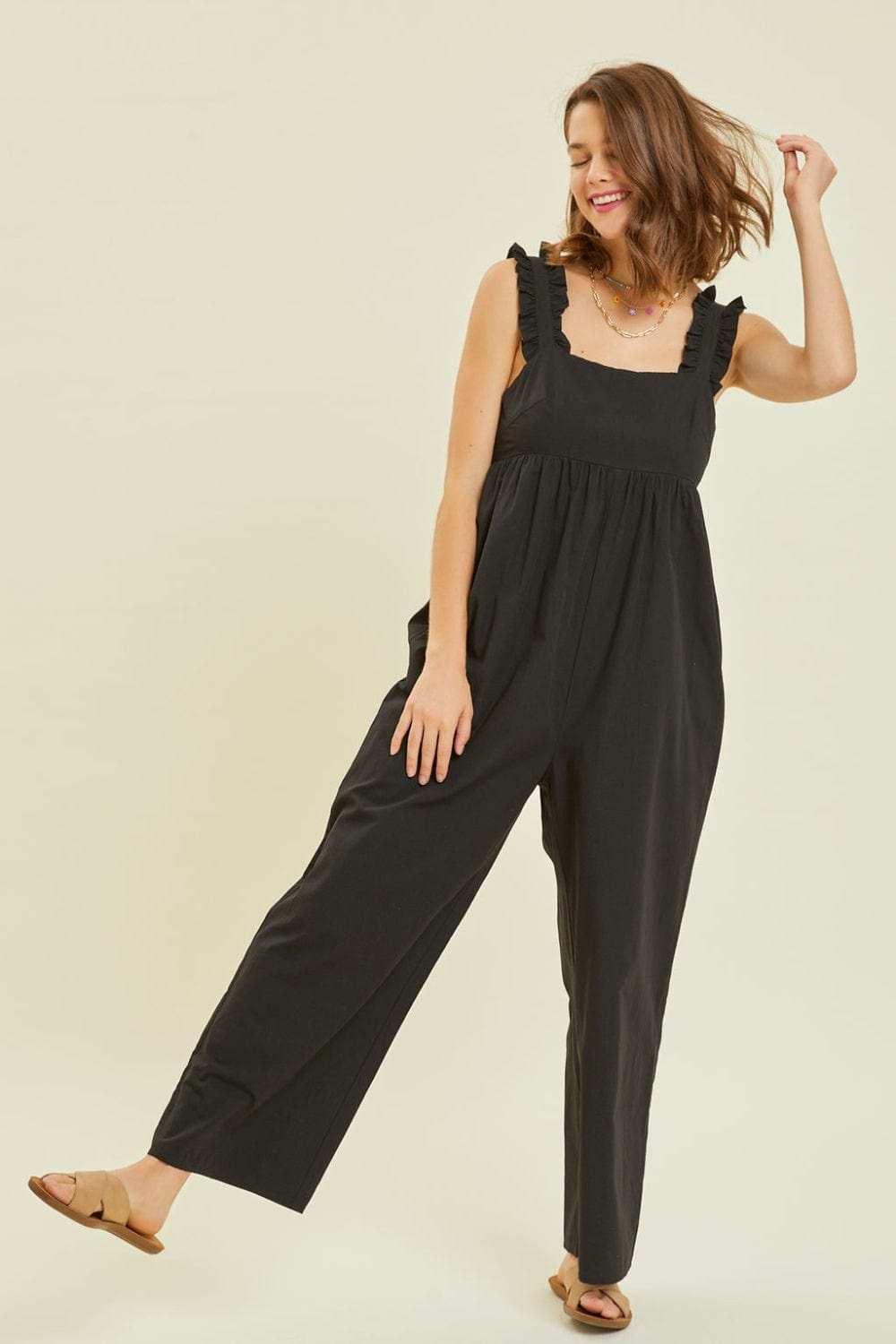 HEYSON Full Size Ruffled Strap Back Tie Wide Leg Jumpsuit - Trendsi - Flyclothing LLC