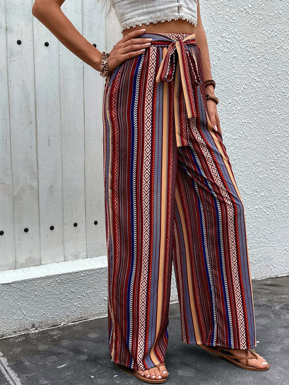 Tied Geometric Wide Leg Pants - Trendsi - Flyclothing LLC