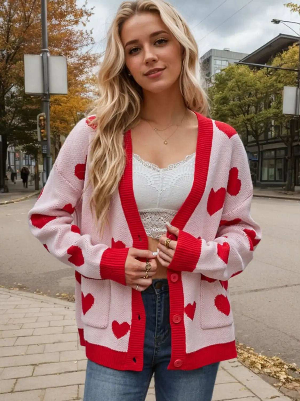 Heart Button Up Dropped Shoulder Long Sleeve Cardigan - Trendsi - Flyclothing LLC