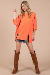 Ces Femme Side Slit Drop Shoulder Puff Sleeve Sweatshirt - Trendsi - Flyclothing LLC