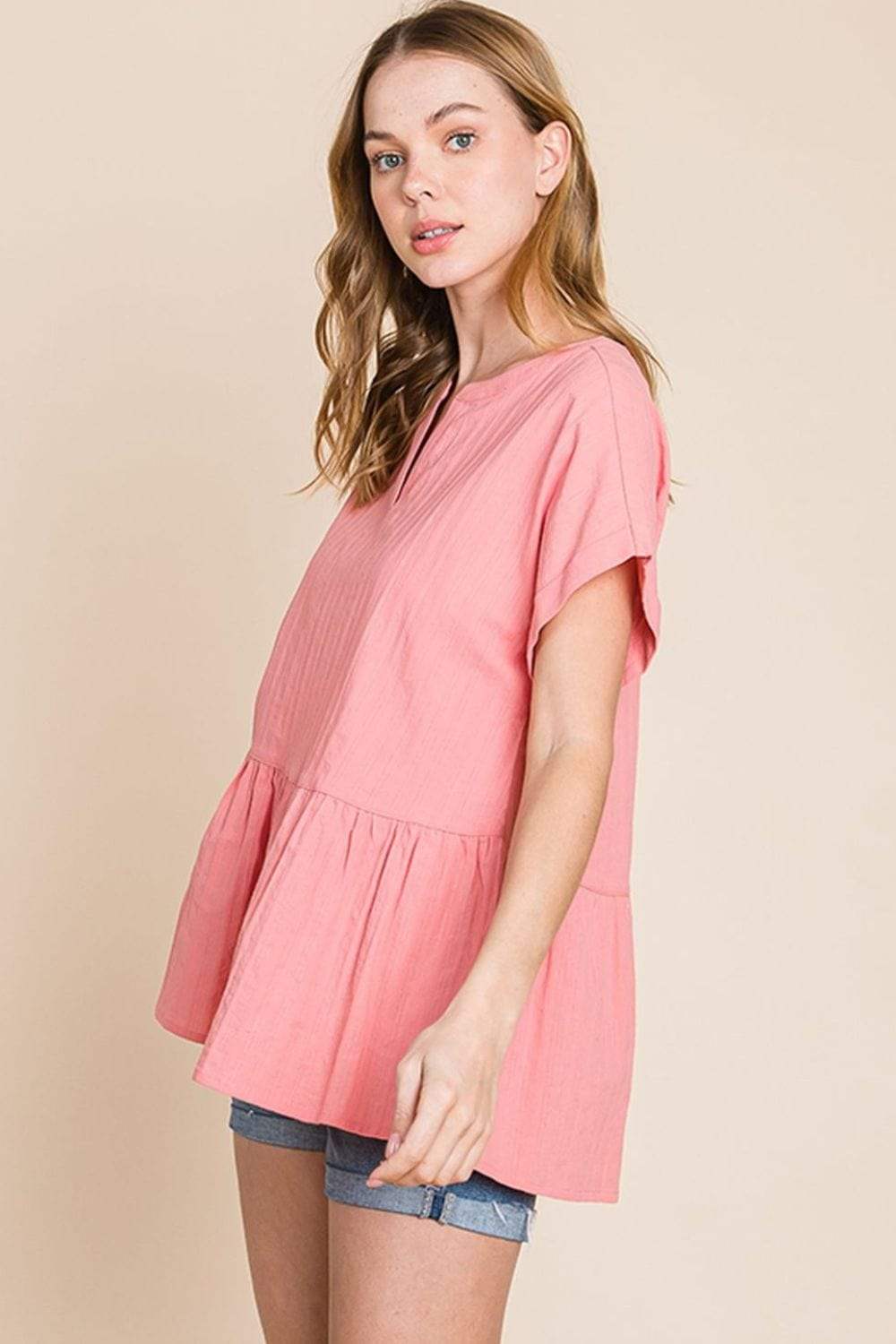 Cotton Bleu by Nu Label Notched Short Sleeve Peplum Top - Trendsi - Flyclothing LLC