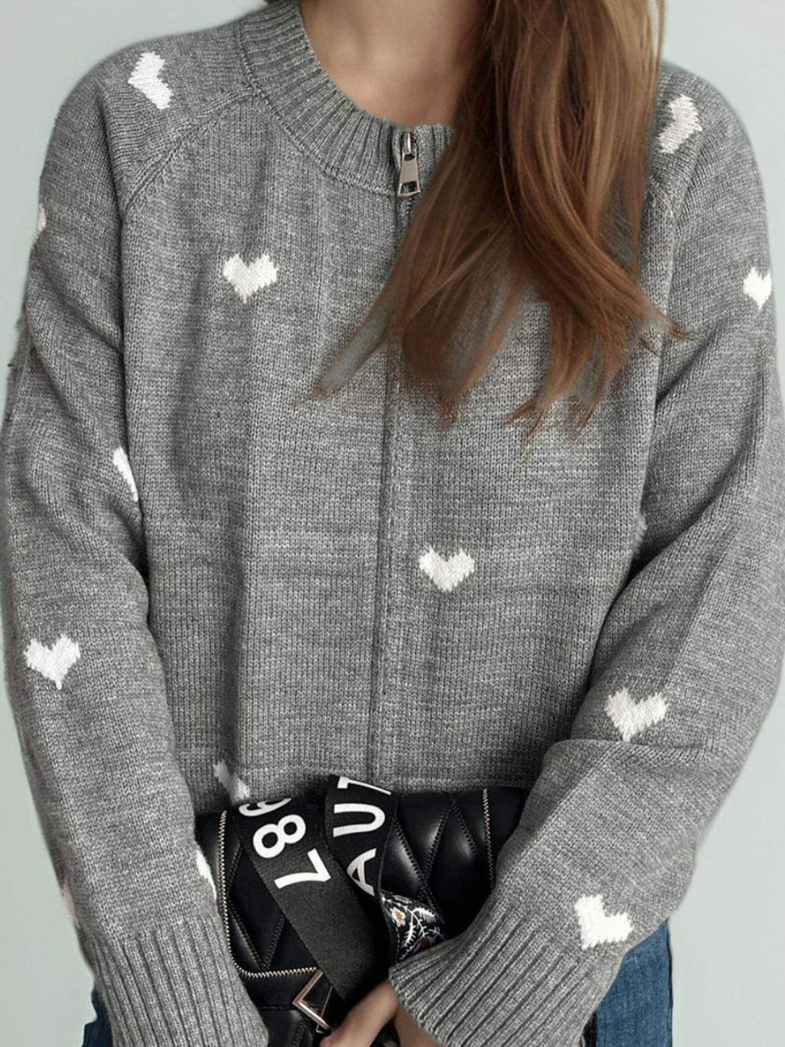 Heart Round Neck Zip Up Cardigan - Trendsi - Flyclothing LLC