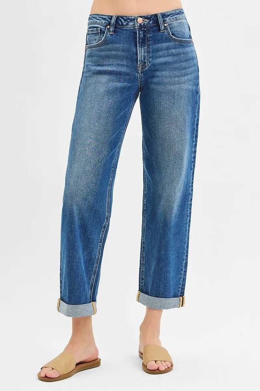 RISEN Full Size Mid Rise Boyfriend Roll Up Jeans Plus Size - Trendsi - Flyclothing LLC