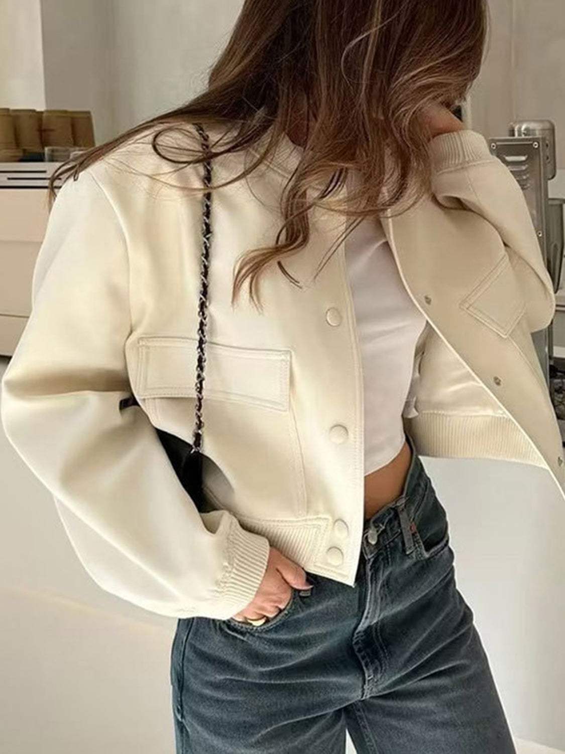 Pocketed Snap Down Baseball Collar Jacket - Trendsi - Flyclothing LLC