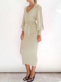 Tied Long Sleeve Wrap Sweater Dress - Trendsi