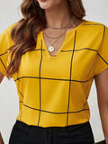 Plaid Contrast Notched Blouse - Trendsi