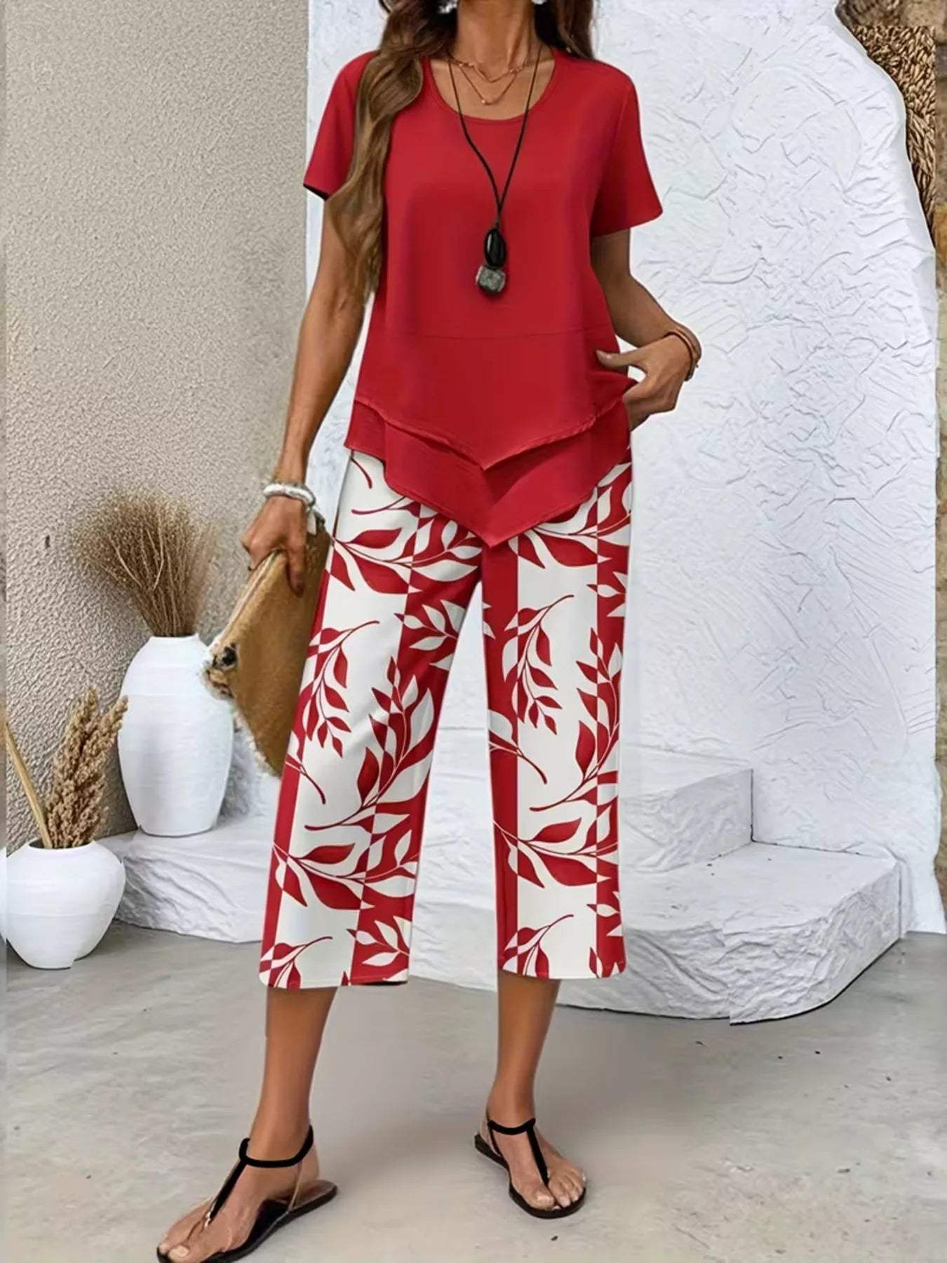 Layered Top and Leaf Print Cropped Pants Set - Trendsi - Flyclothing LLC