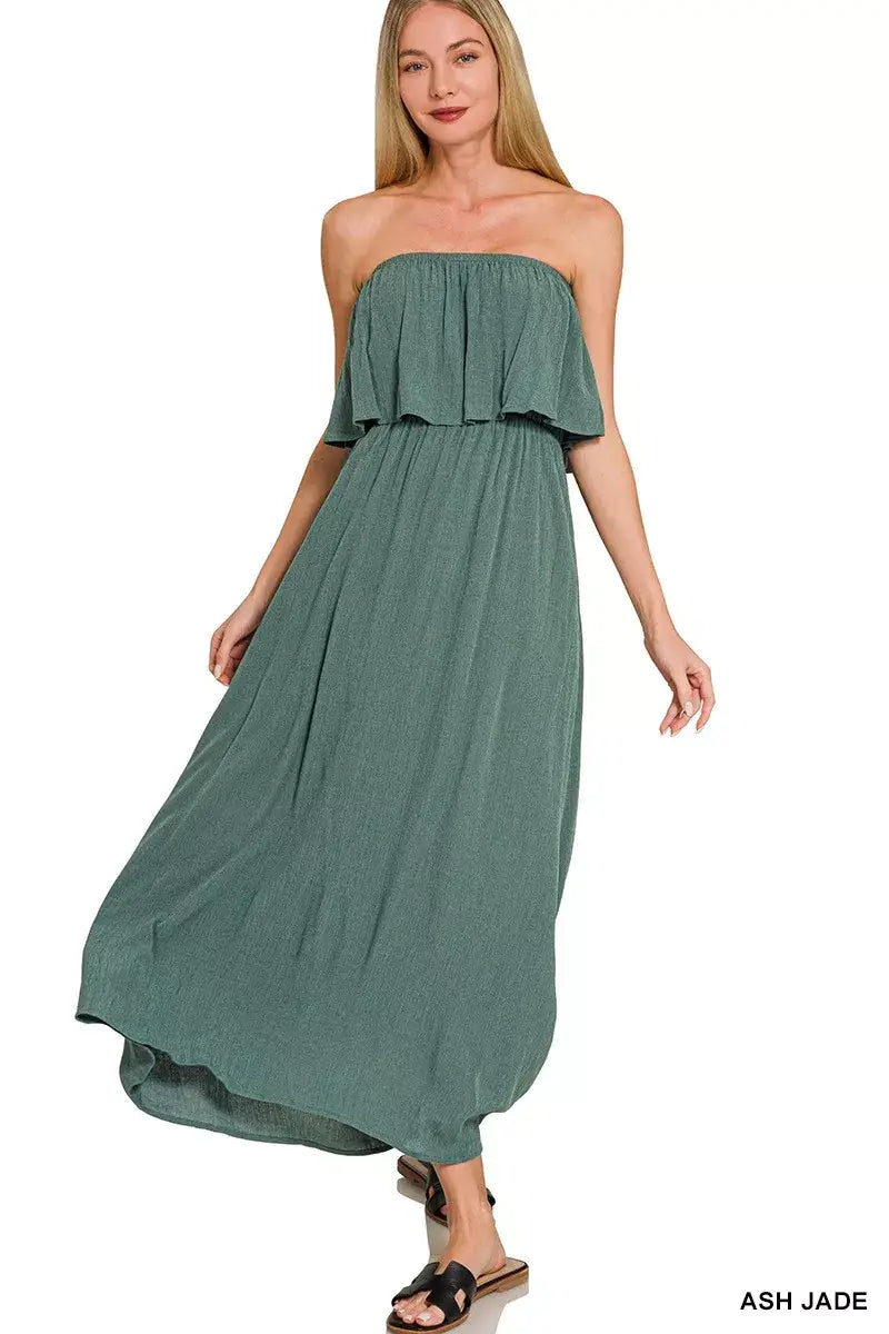 Zenana Woven Crinkle Strapless Maxi Dress - Trendsi - Flyclothing LLC