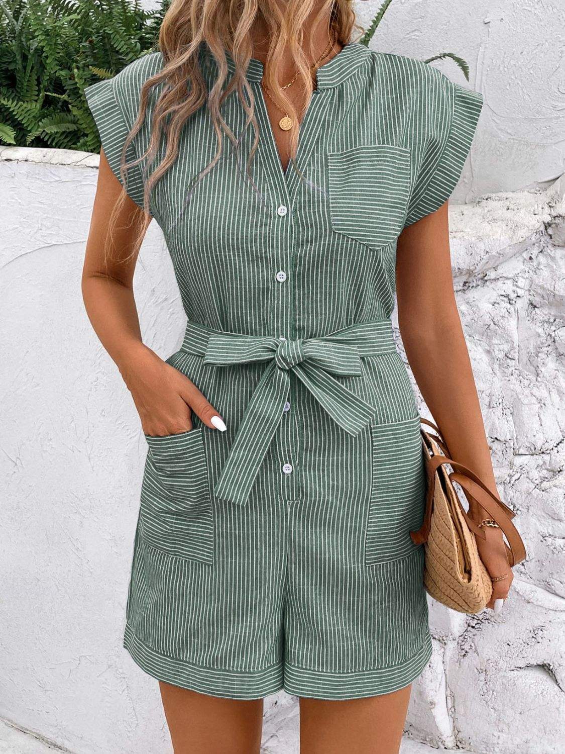Striped Notched Tie Waist Romper - Trendsi - Flyclothing LLC