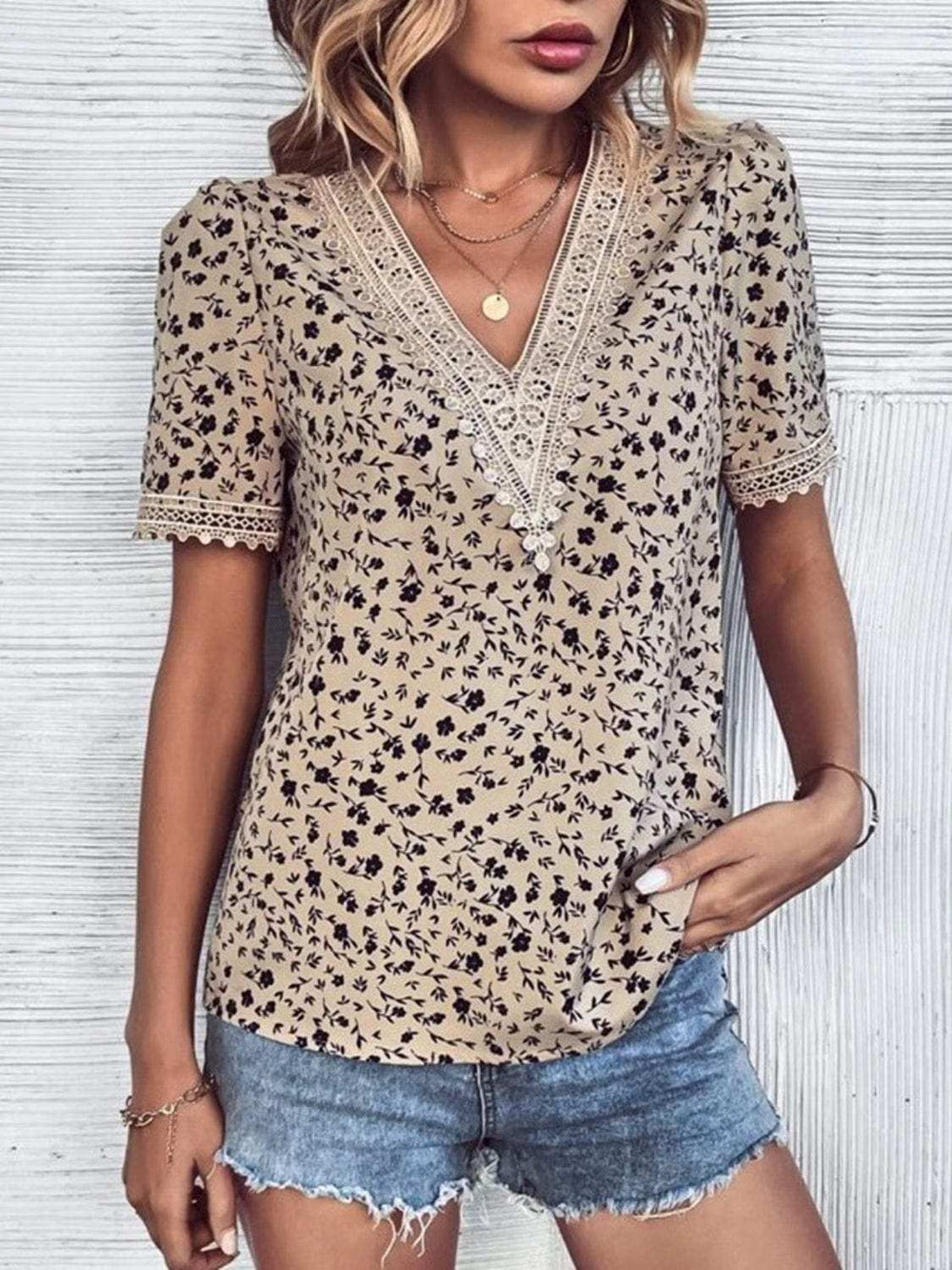 Full Size Printed V-Neck Short Sleeve Blouse - Trendsi - Flyclothing LLC